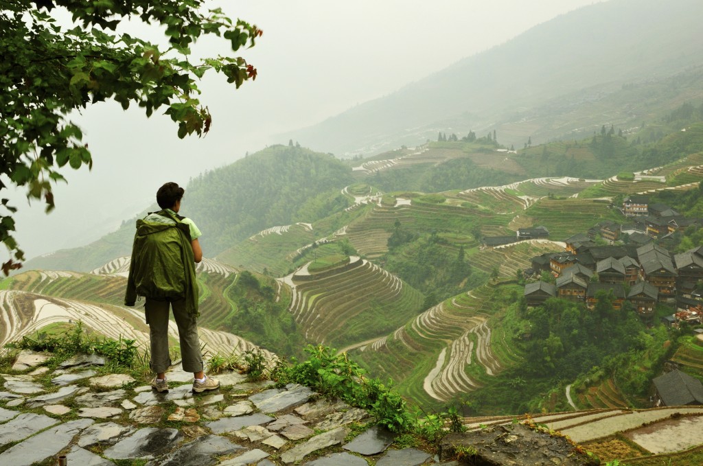 Traveller looking on Longsheng (Longji) Rice Terraces (Dragon's Backbone Rice Terraces)